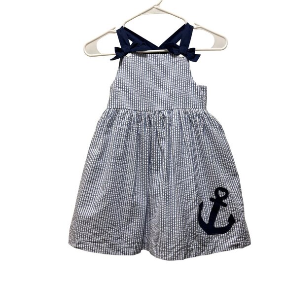 Tahari Girls Seersucker anchor Dress Blue & White Striped Size 7